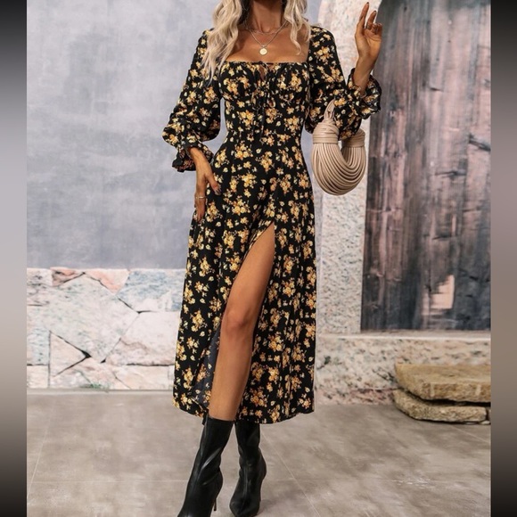 Boho floral print flounce sleeve split thigh maxi dress - Picture 7 of 8